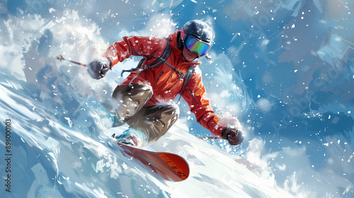 Wallpaper Mural Young man snowboarder running down the slope in Alpine mountains. Winter sport and recreation, leisure outdoor activities. Snowboard Jump. Real snowboarder falls at offpiste ski slope. ski safety Torontodigital.ca
