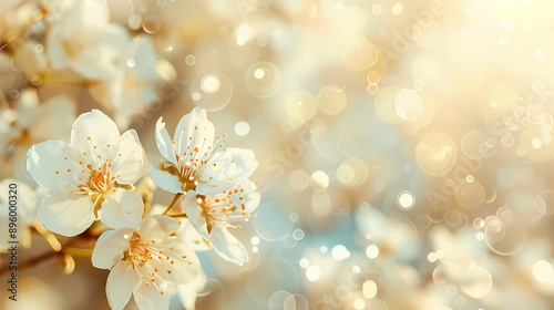 Close-up of delicate white blossoms with a dreamy, bokeh background in warm sunlight.