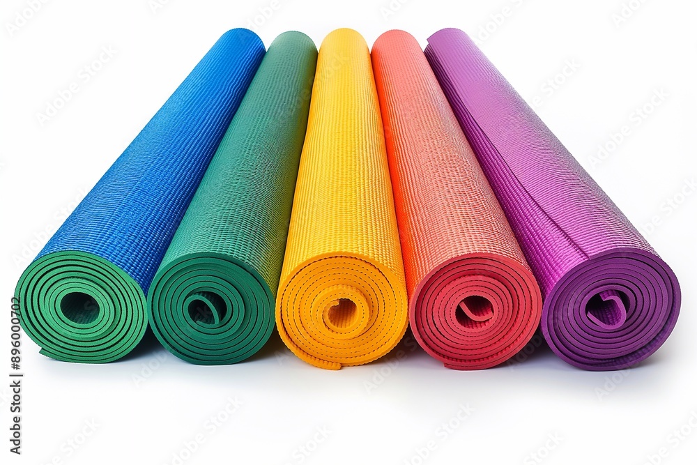 Colorful yoga mats rolled up and isolated on a white background. Colorful yoga mats rolled up and isolated on a white background.