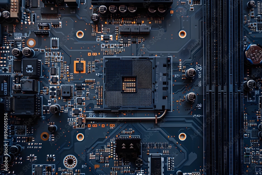 Close-Up of a Modern Computer Motherboard with Intricate Circuitry Close-Up of a Modern Computer Motherboard with Intricate Circuitry
