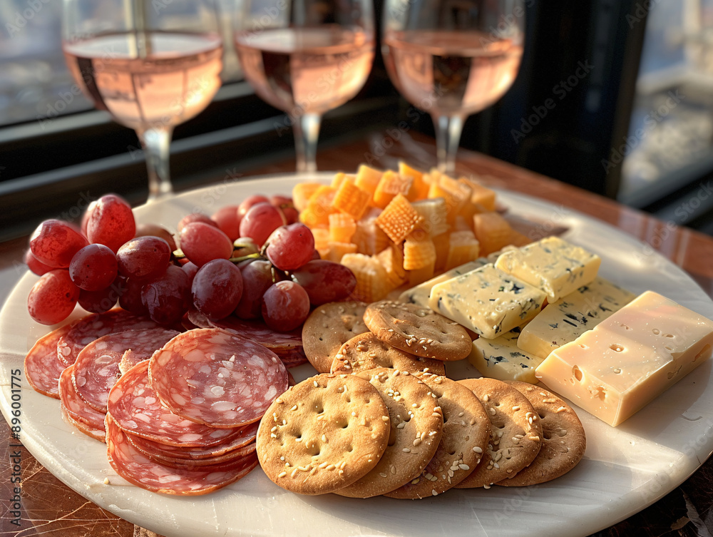 a table set with a variety of cheeses, meats, crackers, and grapes, accompanied by two glasses of wine.