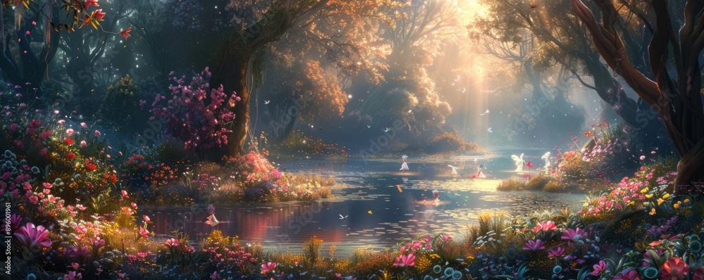 An enchanted glen where fairies dance among the flowers, their laughter tinkling like bells.