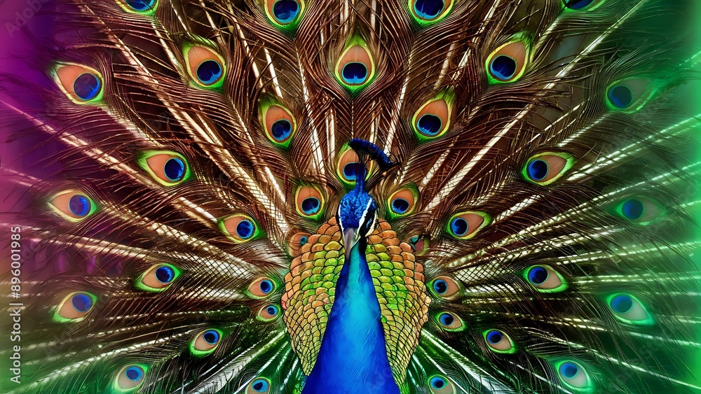 Fototapeta premium Colorful peacock feathers texture background, closeup, wallpaper