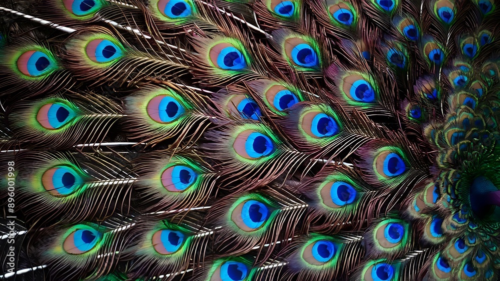 Fototapeta premium Colorful peacock feathers texture background, closeup, wallpaper