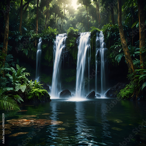 A cascading waterfall tumbles down moss-covered rocks in a lush green forest