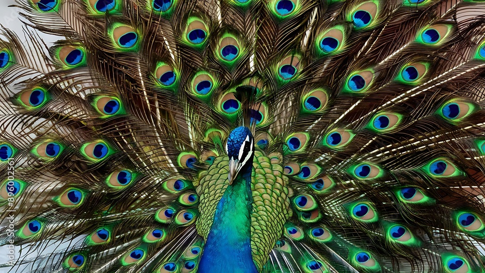 Fototapeta premium Colorful peacock feathers texture background, closeup, wallpaper