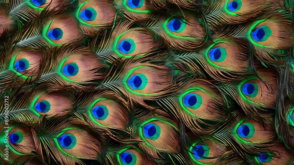 Obraz premium Colorful peacock feathers texture background, closeup, wallpaper
