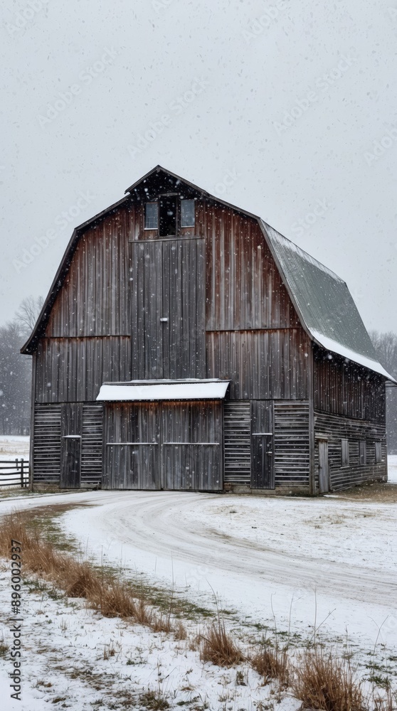 American barn from the 80s, snow falling in winter, nostalgia concept. American barn from the 80s, snow falling in winter, nostalgia concept.