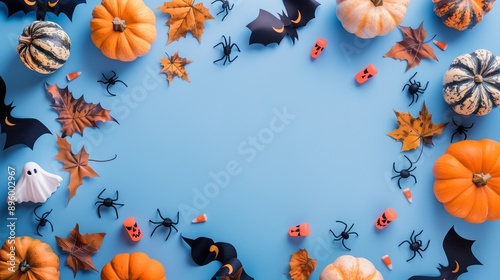 Happy Halloween party invitation card with decorations, pumpkins, ghosts, bats on blue background, Vintage style. Flat lay, top view, copy space.