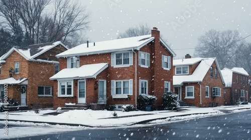 Typical American neighborhood from the 80s with American style houses and falling snow, winter.