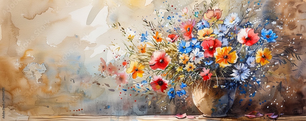 A watercolor painting of a bouquet of wildflowers in a rustic wooden vase, their delicate petals bursting with color.