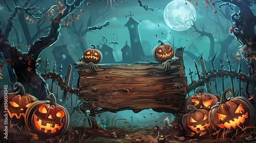 Halloween Card Party - Pumpkins And Zombies In Graveyard With Wooden Board