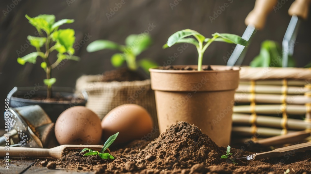 Preparing for a new season in the garden with gardening tools and young plants growing in pots