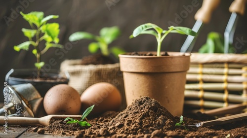 Obraz na płótnie Preparing for a new season in the garden with gardening tools and young plants growing in pots w salonie