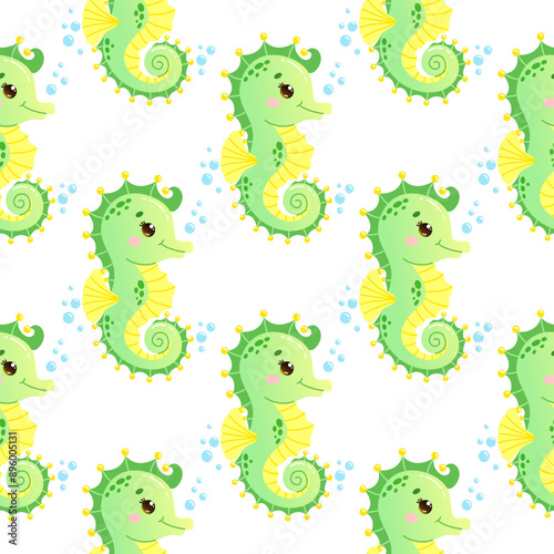 Vector seamless pattern featuring adorable green and yellow seahorses with bubbles on a white background. 
