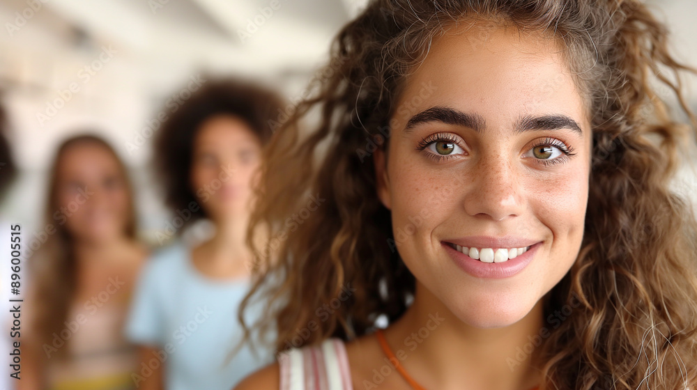 Smiling Young Woman with Friends in Background Smiling Young Woman with Friends in Background