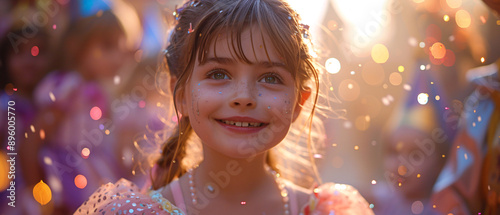 Portrait of a Happy Little Girl in Confetti at a Festival