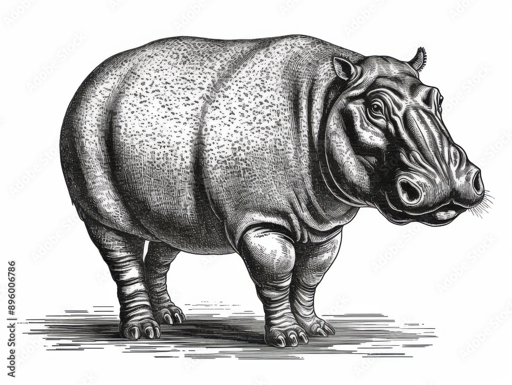 Obraz premium Black and white Vintage engraved art of a hippopotamus isolated on white background, ink sketch illustration, simple vector art design, highly detailed line art, high contrast