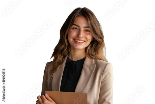 Portrait of a smiling young businesswoman with folder, isolated on transparent background