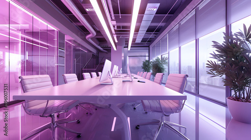 Modern Office with purple background with sunlight from windows photo