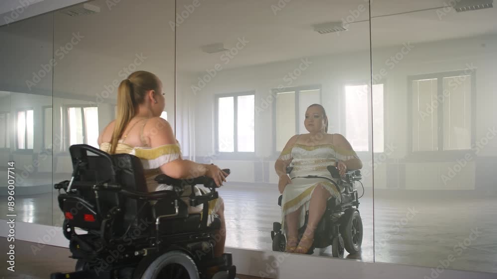 Young woman, a wheelchair dancer checking her look in a mirror at a dance studio before performance, handheld shot. Dancing with disability concept. Young woman, a wheelchair dancer checking her look in a mirror at a dance studio before performance, handheld shot. Dancing with disability concept.