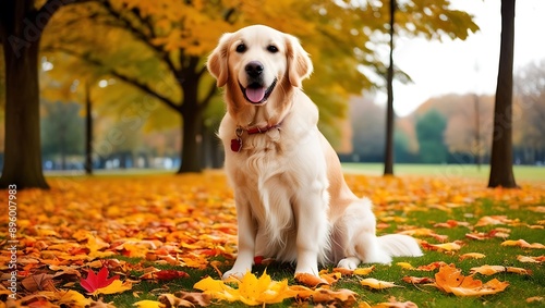 Golden Retriever sitting in the autumn park. photo