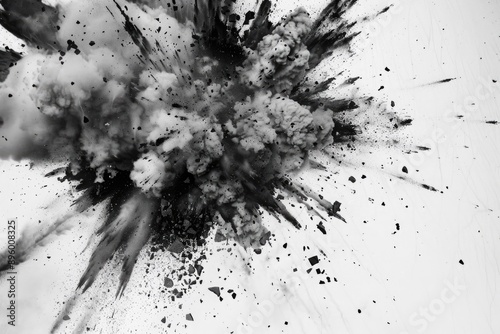 Dynamic Black and White Explosion, a powerful display of intensity and chaos captured in striking contrast, highlighting the dramatic force and energy of the explosion.