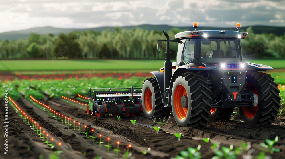 Fototapeta premium A modern tractor working in a lush green field, showcasing advanced farming technology and agricultural productivity.