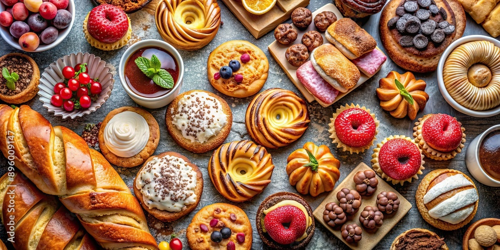 Vibrant and delightful exhibit of freshly baked pastries and sweet treats, Bright, colorful, exhibit, pastries, confectionery Vibrant and delightful exhibit of freshly baked pastries and sweet treats, Bright, colorful, exhibit, pastries, confectionery