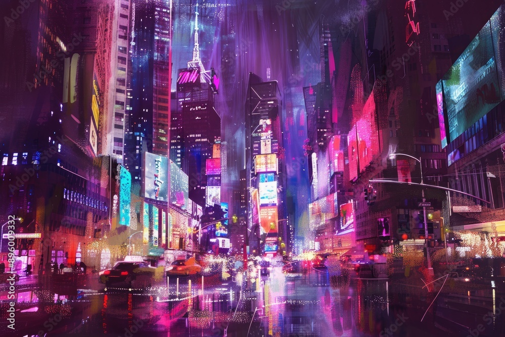 Fototapeta premium Vibrant Night Cityscape, a bustling urban scene illuminated by neon lights, filled with energy and movement, showcasing the lively atmosphere of a contemporary metropolis.
