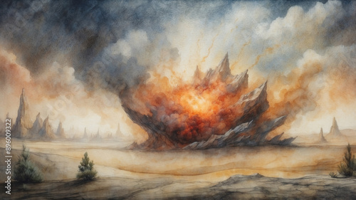 A watercolor painting of a powerful moment of explosion from a crater amidst a desert, spiky landscape under a gloomy sky © Dmytriy