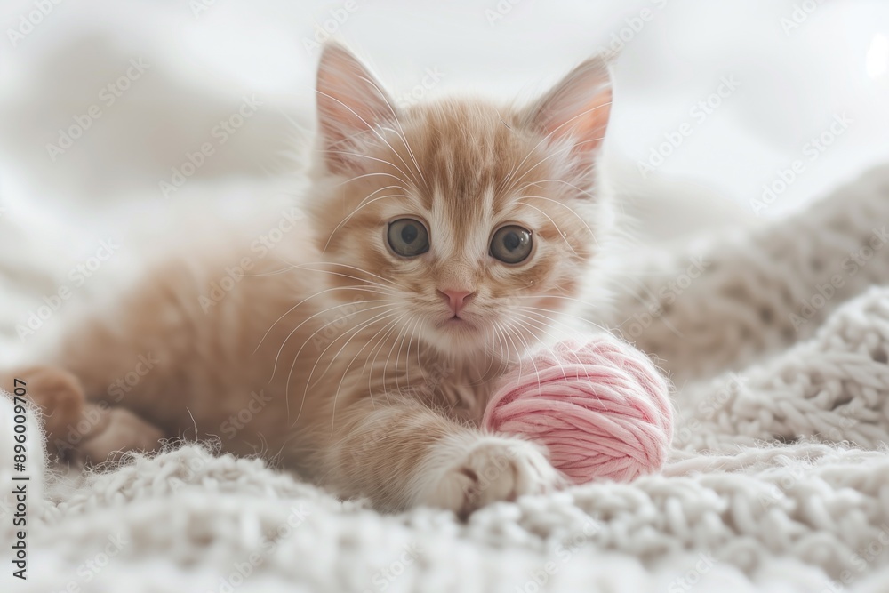 a red haired kitten playing with a ball of yarn. a red haired kitten playing with a ball of yarn.
