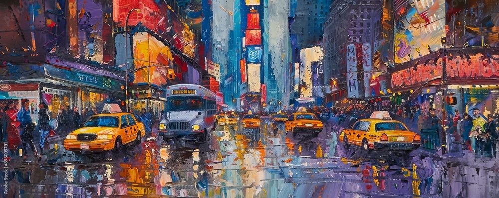 A vibrant acrylic painting of a bustling city street scene. A vibrant acrylic painting of a bustling city street scene.