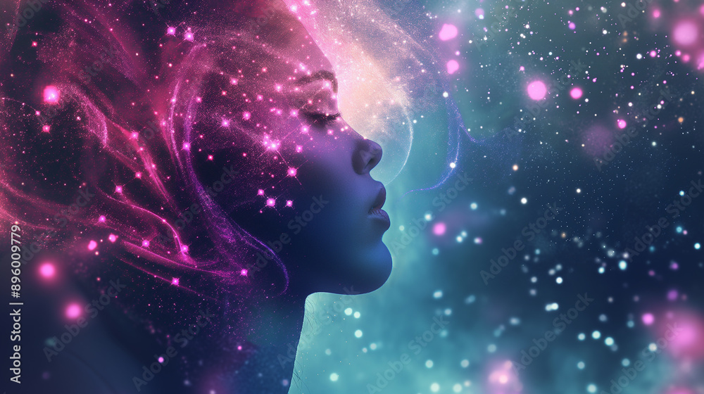 Silhouette of a woman with closed eyes surrounded by a cosmic scene, symbolizing meditation and the inner universe. Copy space