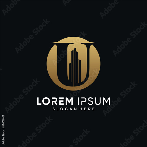 Letter u and building logo design template vector illustration with circle concept