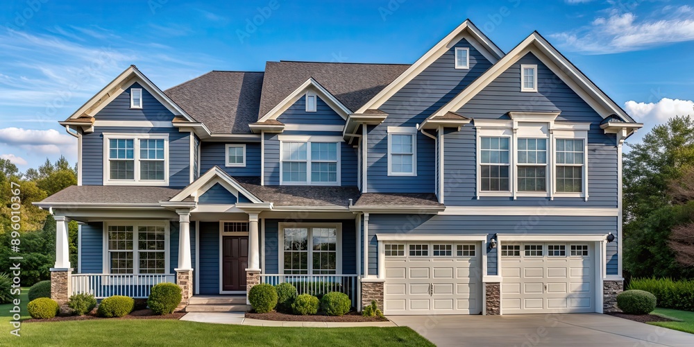 Front view of a large two story blue gray house with wood and vinyl siding, residential, exterior, architecture, home, house Front view of a large two story blue gray house with wood and vinyl siding, residential, exterior, architecture, home, house