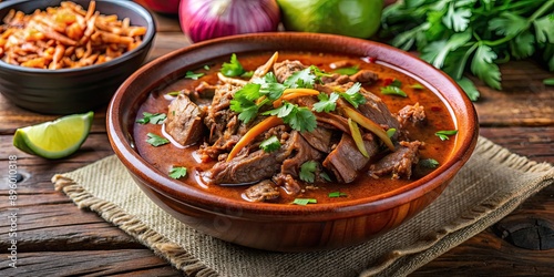 Bowl of slow cooked and braised birria beef with onions, cilantro, guajillo peppers, and broth, Birria, Beef photo