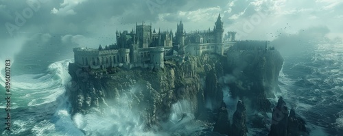 An enchanted castle perched atop a cliff, overlooking the vast expanse of a turbulent sea.