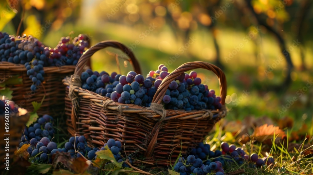 Two baskets of dark blue grapes on grass under warm sunlight hint at autumn. Serene setting, golden hour vibes, and vineyard background evoke rustic beauty and harvest's end. Two baskets of dark blue grapes on grass under warm sunlight hint at autumn. Serene setting, golden hour vibes, and vineyard background evoke rustic beauty and harvest's end.