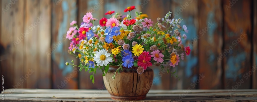 Bouquet of wildflowers in rustic wooden vase with delicate petals Bouquet of wildflowers in rustic wooden vase with delicate petals