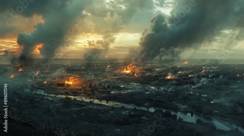 A city engulfed in a massive inferno, with buildings consumed, birds in flight, and smoke-filled skies. A scene of chaos and devastation under siege.