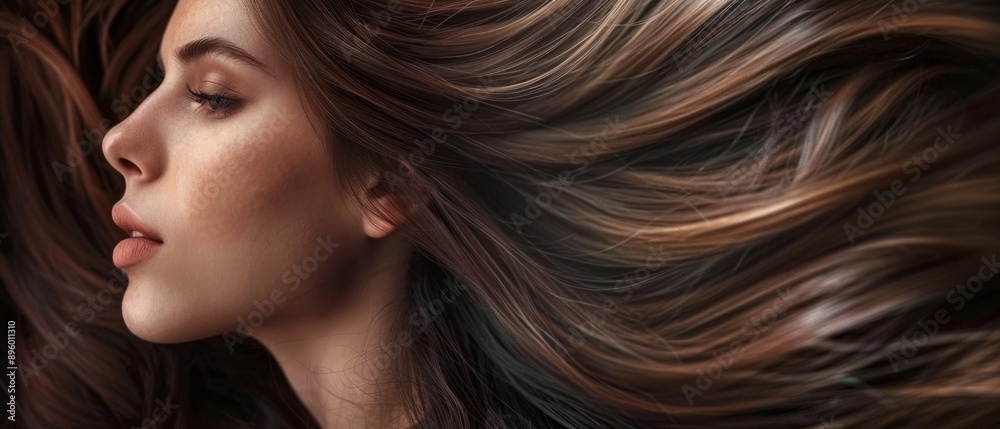 An elegant woman with glossy dark-brown hair showcases luxurious hair care product with golden-brown highlights. Movement and contrast highlight the refined advertisement. An elegant woman with glossy dark-brown hair showcases luxurious hair care product with golden-brown highlights. Movement and contrast highlight the refined advertisement.