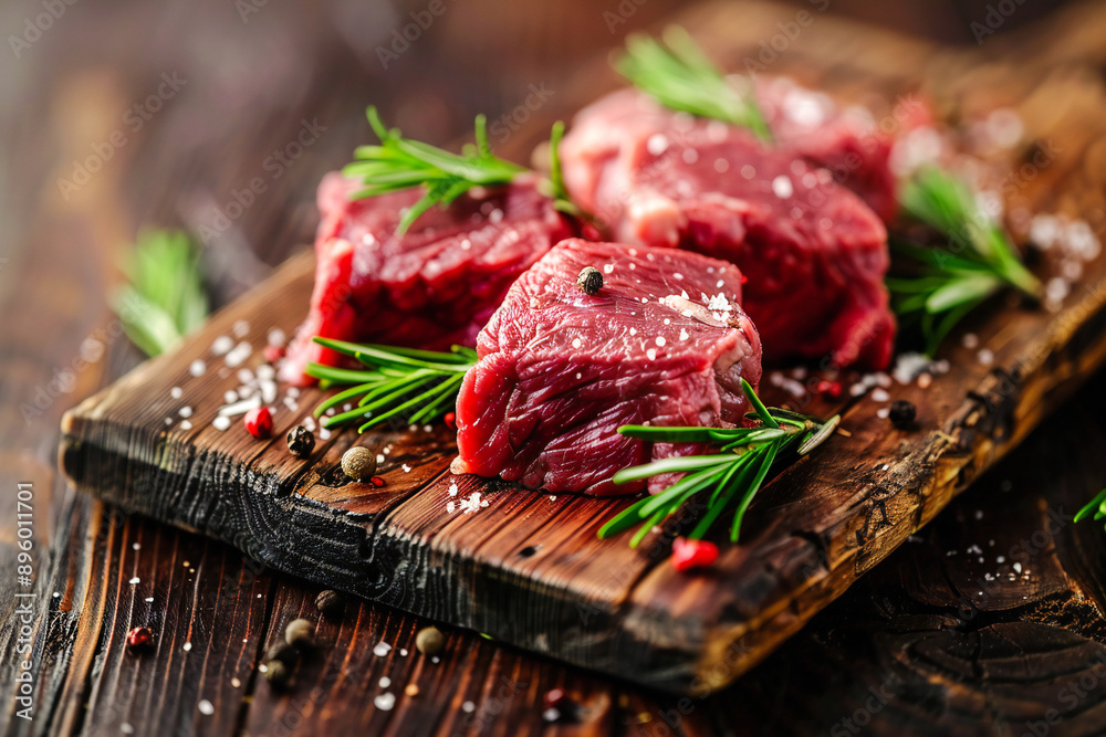 Raw red meat on a wooden board. Fresh meat from grass-fed and free-range animals Raw red meat on a wooden board. Fresh meat from grass-fed and free-range animals