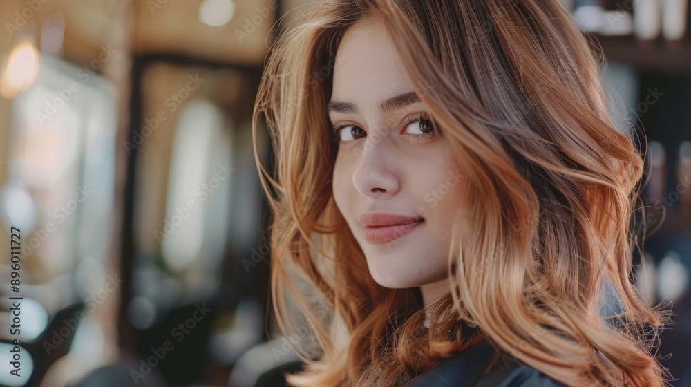 Close-up portrait of a young woman with brown hair and eyes, styled in waves, smiling softly. Shot in a hairstylist's shop, exuding an artistic vibe. Close-up portrait of a young woman with brown hair and eyes, styled in waves, smiling softly. Shot in a hairstylist's shop, exuding an artistic vibe.