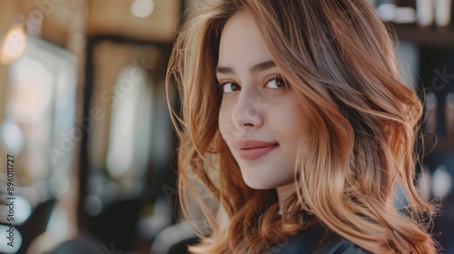 Close-up portrait of a young woman with brown hair and eyes, styled in waves, smiling softly. Shot in a hairstylist's shop, exuding an artistic vibe. © COK House