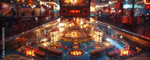 A vintage pinball machine with flashing lights and clanging bells, its addictive gameplay drawing in players of all ages. photo