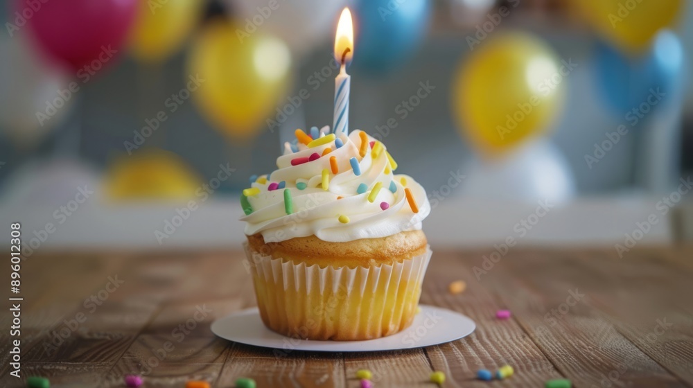 Delicious cupcake with a lit candle, celebrating a birthday party with colorful balloons in the background.