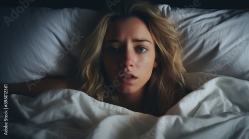 woman in bed late trying to sleep suffering insomnia, sleepless or scared in a nightmare, looking sad worried and stressed. Tired and headache or migraine waking up in the middle of the night.