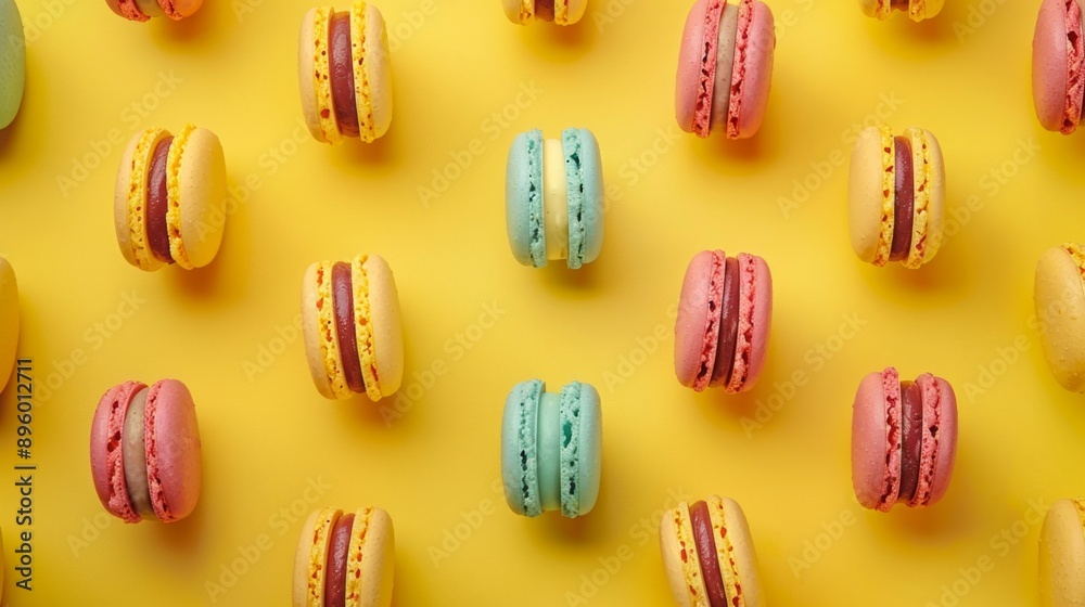 Colorful macarons on bright yellow background in repetitive pattern. This vibrant and cheerful image of delicious sweets is perfect for creative projects, blogs, and food-related designs. AI Colorful macarons on bright yellow background in repetitive pattern. This vibrant and cheerful image of delicious sweets is perfect for creative projects, blogs, and food-related designs. AI
