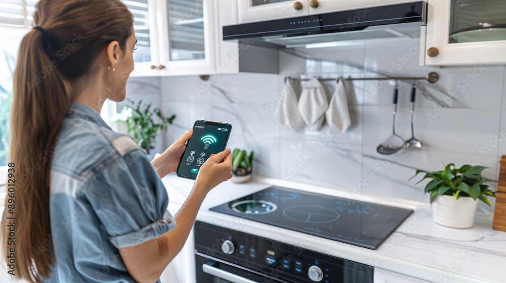 Woman using smart home device in modern kitchen. High-tech and innovative house Woman using smart home device in modern kitchen. High-tech and innovative house